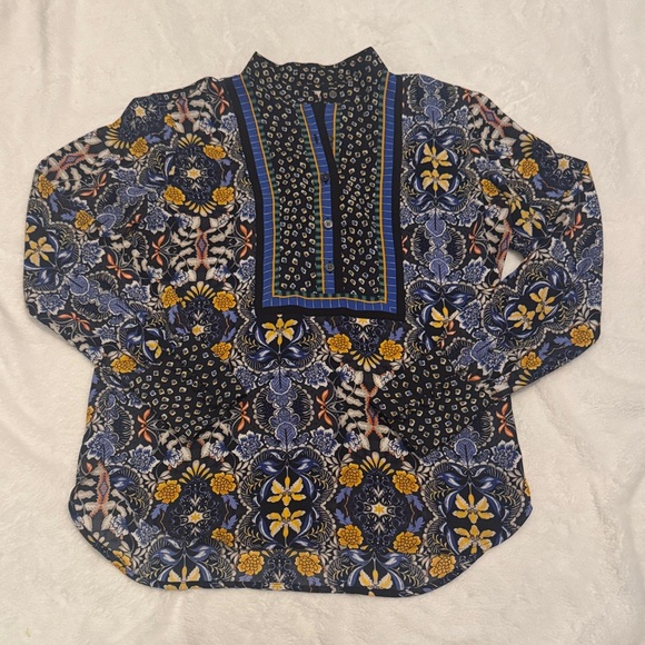 LOFT Tops - LOFT Petite Mixed Print Long Sleeve Blouse Navy Yellow Size PS